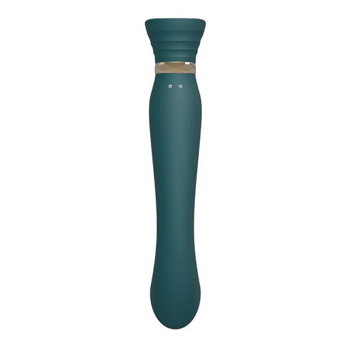 Le Queen vert vu de profil avec sa tige flexible recourbée, tête en bouton cannelé, corps en silicone sapin, design élégant courbé pour le point G. Marque Zalo, gamme Queen point G.