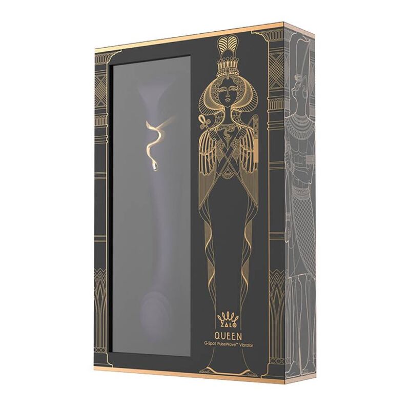 Emballage Queen noir et doré, fenêtre vitrée et déesse égyptienne stylisée, révélant le stimulateur point G violet dressé dans son écrin de luxe. Marque Zalo, gamme Queen point G.