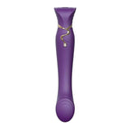 Stimulateur point G Queen violet à tête tulipe ouverte, ornement serpentin doré et goutte de cristal, corps galbé en silicone prune, lisse sans anatomie.
