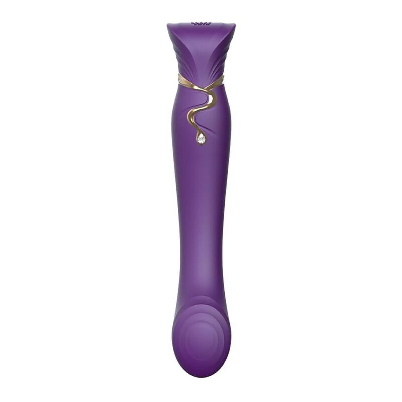 Stimulateur point G Queen violet à tête tulipe ouverte, ornement serpentin doré et goutte de cristal, corps galbé en silicone prune, lisse sans anatomie.