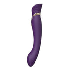 Stimulateur Queen violet de profil, tête arrondie striée et long corps incurvé en silicone prune, design fluide royal orné d'un liseré doré. Marque Zalo, gamme Queen point G.
