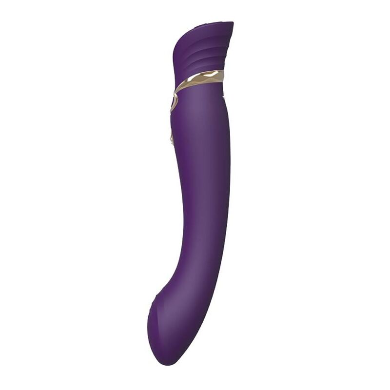 Stimulateur Queen violet de profil, tête arrondie striée et long corps incurvé en silicone prune, design fluide royal orné d'un liseré doré. Marque Zalo, gamme Queen point G.