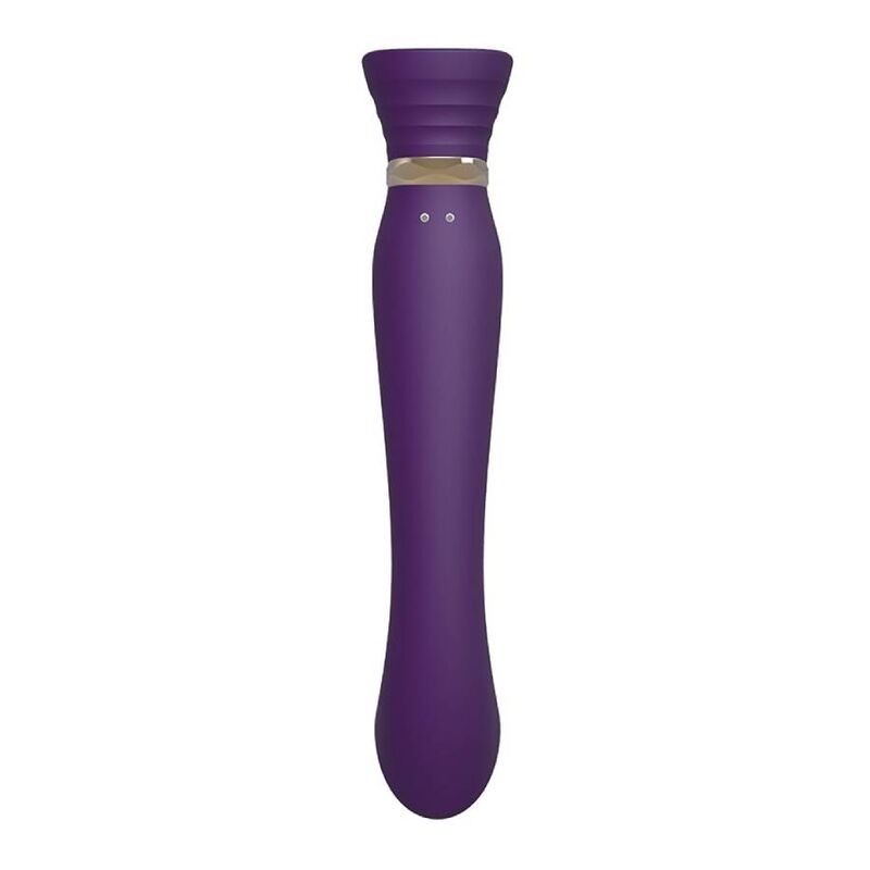 Le Queen violet de face, tête en bouton cannelé et corps fuselé en silicone prune, deux témoins de commande, silhouette épurée pour le point G. Marque Zalo, gamme Queen point G.