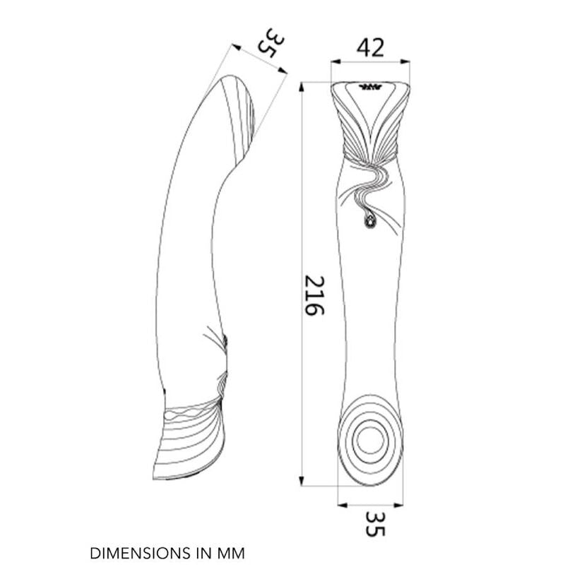 Dessin technique filaire du Queen, deux profils cotés 35 et 42 mm sur 216 mm, motif serpentin esquissé, planche schématique DIMENSIONS IN MM. Marque Zalo, gamme Queen point G.