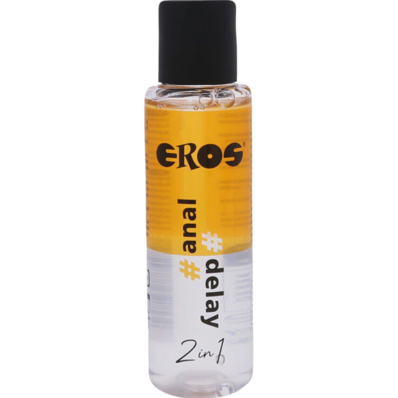 Lubrifiant anal Eros Lube Anal Delay 2en1 base eau 100 ml, flacon transparent reflets ambres, effet engourdissant doux longue duree compatible silicone latex et verre.
