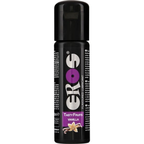 Lubrifiant gourmand Eros Tasty Fruits vanille, flacon noir 100 ml a liseret violet, base eau compatible preservatifs, glisse douce et sensation hydratante.