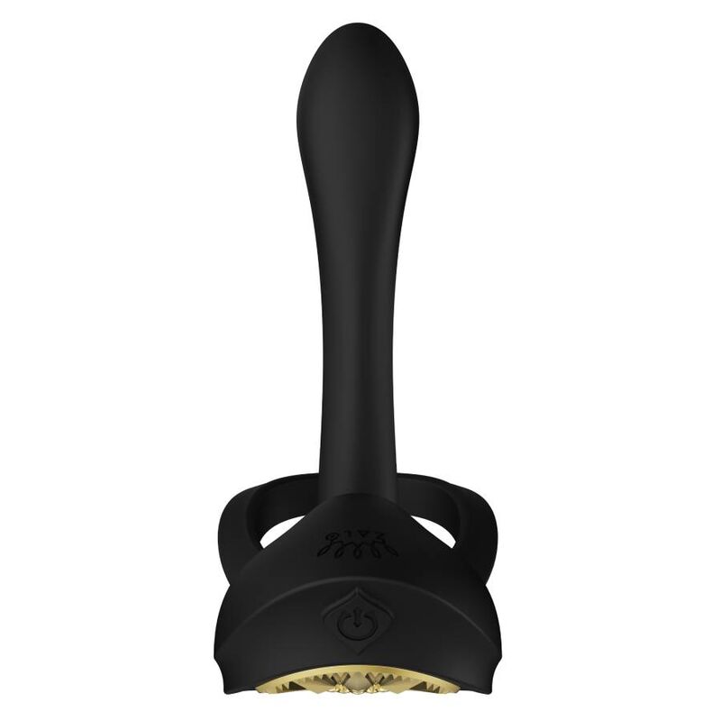 Cockring Bayek noir vu de face avec embout stimulateur courbe dressé sur le double anneau, base à bouton power, accessoire de couple lisse sans anatomie.
