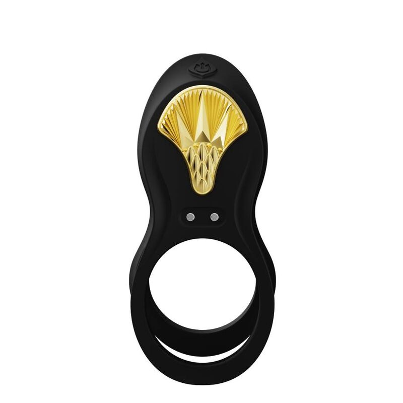 Cockring Bayek noir de face, anneau ouvert net et plastron doré en éventail, deux témoins, accessoire de couple compact en silicone sans anatomie. Marque Zalo, cockring Bayek de couple.