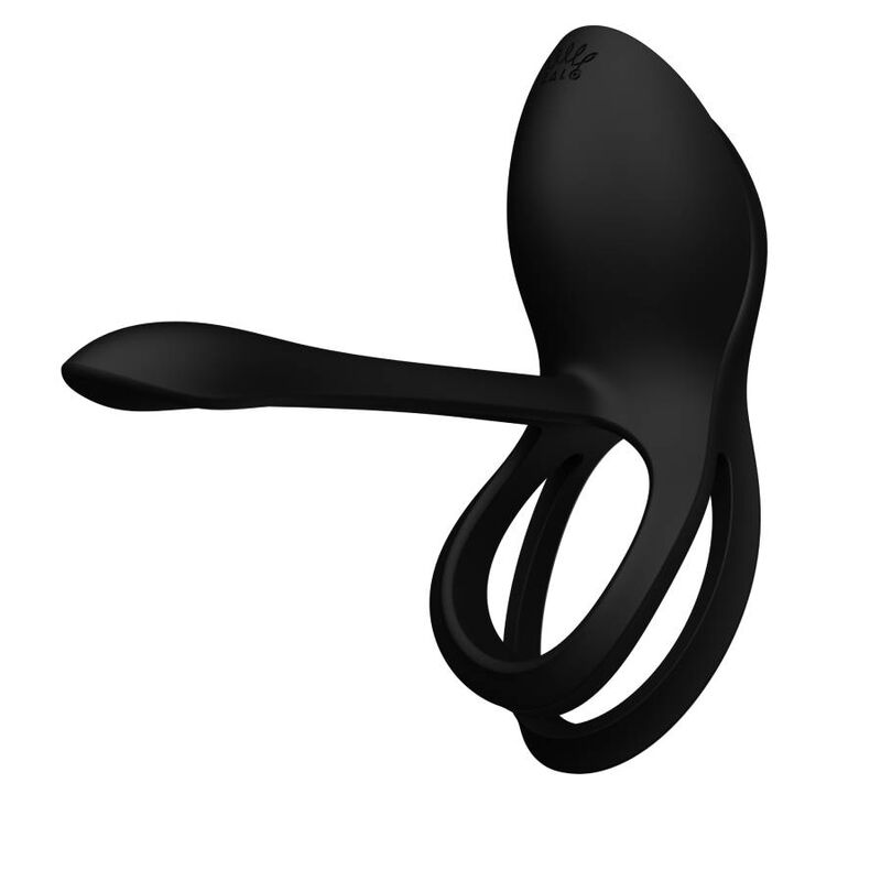 Le Bayek noir vu de profil, double anneau enroulé et bras extensible relevé, silicone souple mat, anneau vibrant de couple au design fluide et épuré. Marque Zalo, cockring Bayek de couple.