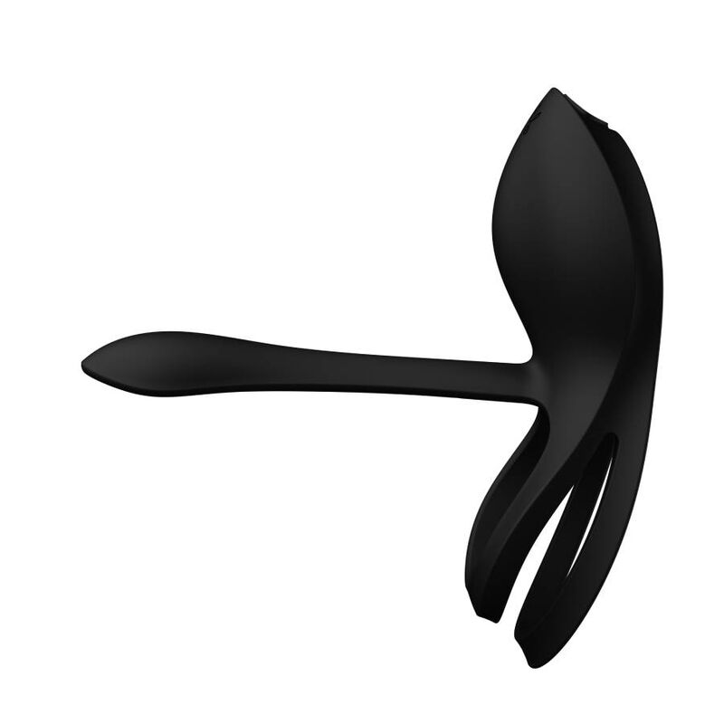 Anneau vibrant Bayek noir de trois quarts arrière, double boucle et bras extensible tendu, surface lisse en silicone, accessoire de couple discret. Marque Zalo, cockring Bayek de couple.