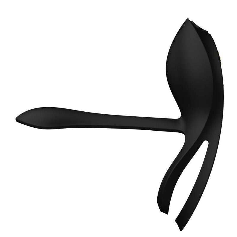 Le Bayek noir de trois quarts, double anneau ouvert et bras extensible incurvé, silicone mat souple, anneau vibrant de couple au design minimaliste. Marque Zalo, cockring Bayek de couple.