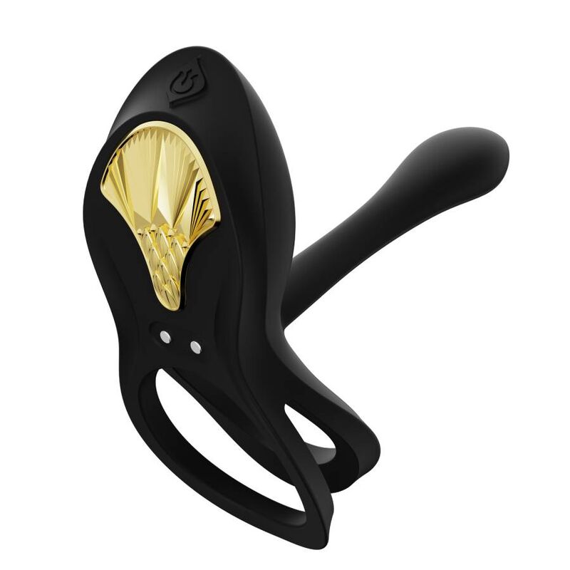 Le Bayek noir de trois quarts, double anneau et bras extensible courbe relevé, écusson doré central, anneau vibrant de couple en silicone souple. Marque Zalo, cockring Bayek de couple.