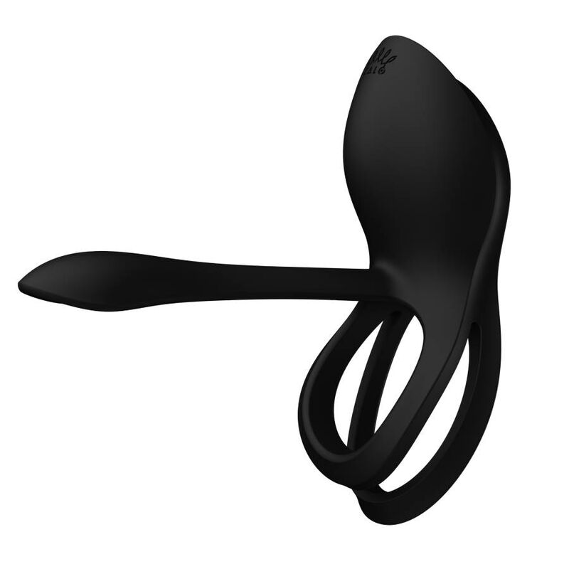 Anneau Bayek noir vu de côté, double boucle enroulée et bras extensible relevé, finition silicone mate, accessoire de couple fluide sans relief réaliste.