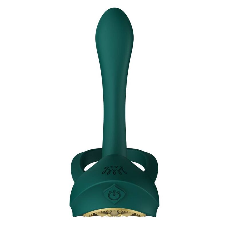 Cockring Bayek vert de face avec embout stimulateur courbe dressé sur le double anneau, base à bouton power, accessoire de couple lisse sans réalisme.