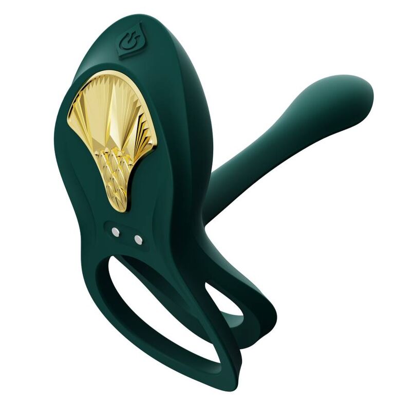 Le Bayek vert vu de côté, double anneau et long bras extensible incurvé, écusson doré central, anneau vibrant de couple en silicone laqué, sans anatomie.
