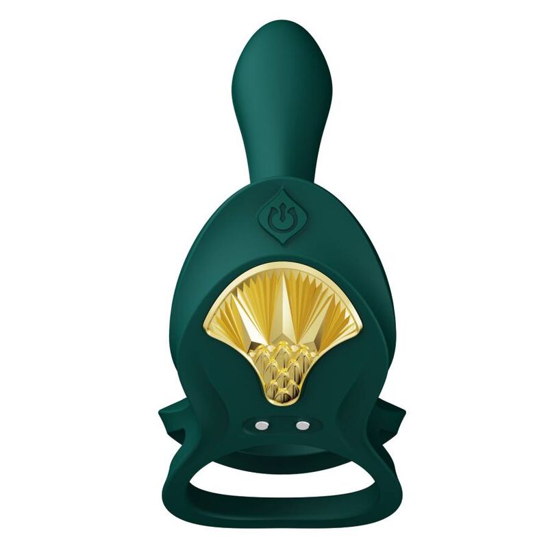 Cockring Bayek vert de face, double boucle et bossette stimulante dressée surmontée du plastron doré, bouton power, accessoire de couple lisse. Marque Zalo, cockring Bayek de couple.