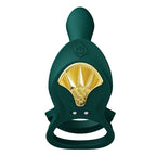 Le Bayek vert de face avec petit stimulateur dressé et double anneau, écusson doré en éventail, témoins de commande, anneau vibrant de couple épuré. Marque Zalo, cockring Bayek de couple.