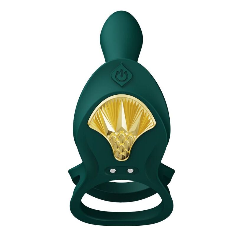 Le Bayek vert de face avec petit stimulateur dressé et double anneau, écusson doré en éventail, témoins de commande, anneau vibrant de couple épuré. Marque Zalo, cockring Bayek de couple.