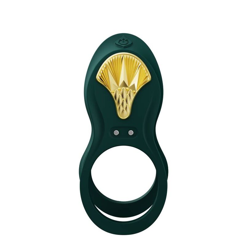 Le Bayek vert de face, anneau ouvert net et plastron doré en éventail orné, deux témoins, accessoire de couple compact en silicone sans anatomie. Marque Zalo, cockring Bayek de couple.