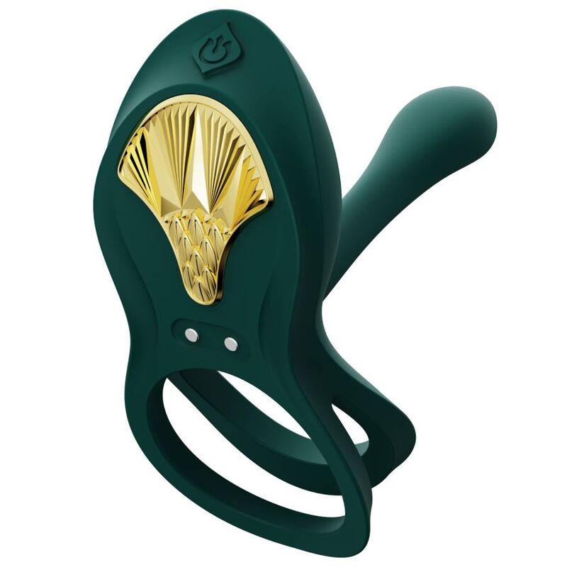 Anneau vibrant Bayek vert sapin de trois quarts, double boucle et bras extensible courbe, plastron doré en éventail, accessoire de couple en silicone.