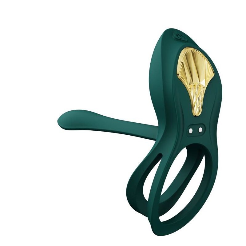 Anneau vibrant Bayek vert en diagonale, double boucle et bras extensible courbe, écusson doré central, silicone laqué, accessoire de couple discret. Marque Zalo, cockring Bayek de couple.