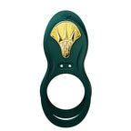 Cockring Bayek vert de face, anneau ouvert épuré et plastron doré en éventail détaillé, deux témoins de commande, accessoire de couple lisse et compact.