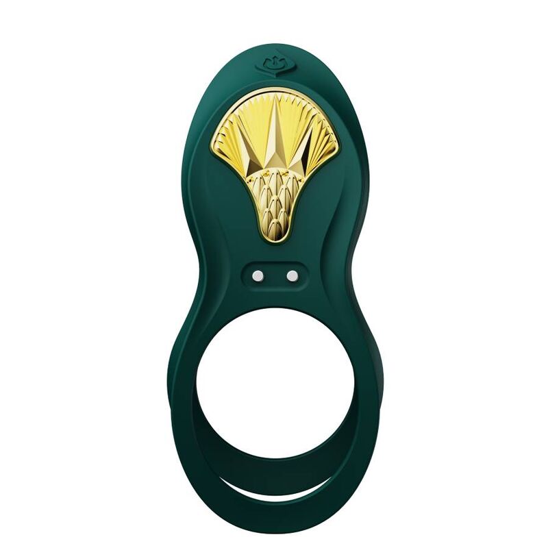 Cockring Bayek vert de face, anneau ouvert épuré et plastron doré en éventail détaillé, deux témoins de commande, accessoire de couple lisse et compact.