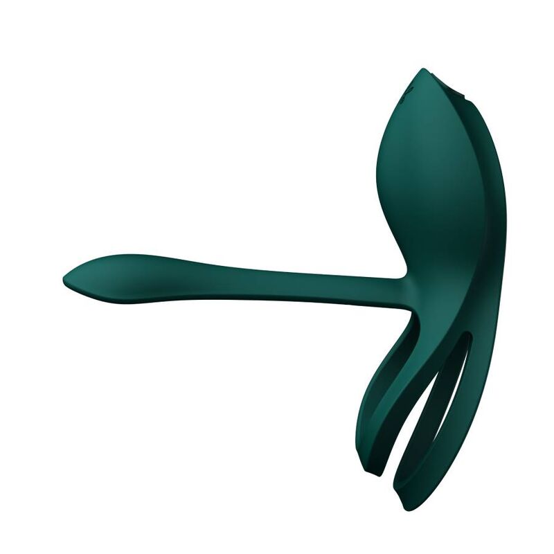 Anneau Bayek vert vu de profil, double boucle enroulée et bras extensible relevé, silicone laqué mat, accessoire de couple fluide sans relief réaliste.