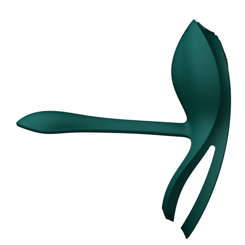 Cockring Bayek vert de trois quarts, double anneau et long bras extensible courbe, finition silicone verte, accessoire de couple souple et discret. Marque Zalo, cockring Bayek de couple.