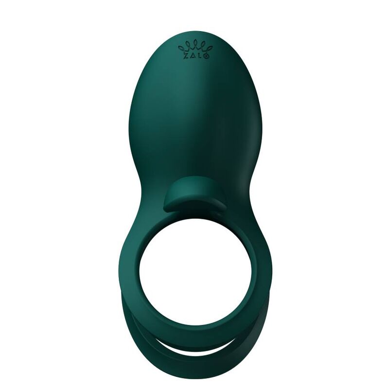 Le Bayek vert de face, anneau ouvert lisse sans écusson en évidence, surface laquée verte, anneau vibrant de couple sobre et compact, sans anatomie. Marque Zalo, cockring Bayek de couple.