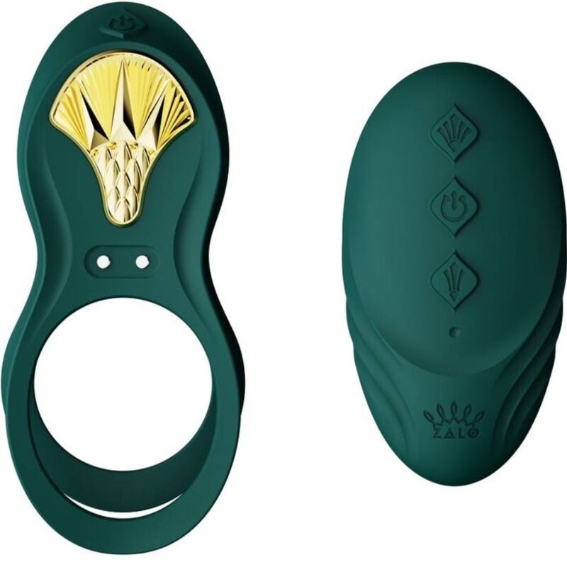 Anneau Bayek vert à plastron doré accompagné de sa télécommande galet verte, accessoire de couple en silicone laqué lisse, présentation duo, sans relief.