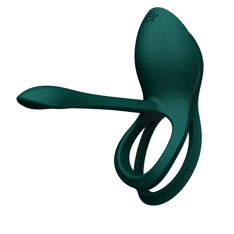 Anneau Bayek vert vu de côté, double boucle enroulée et bras extensible relevé, silicone vert laqué, accessoire de couple au design fluide minimaliste.