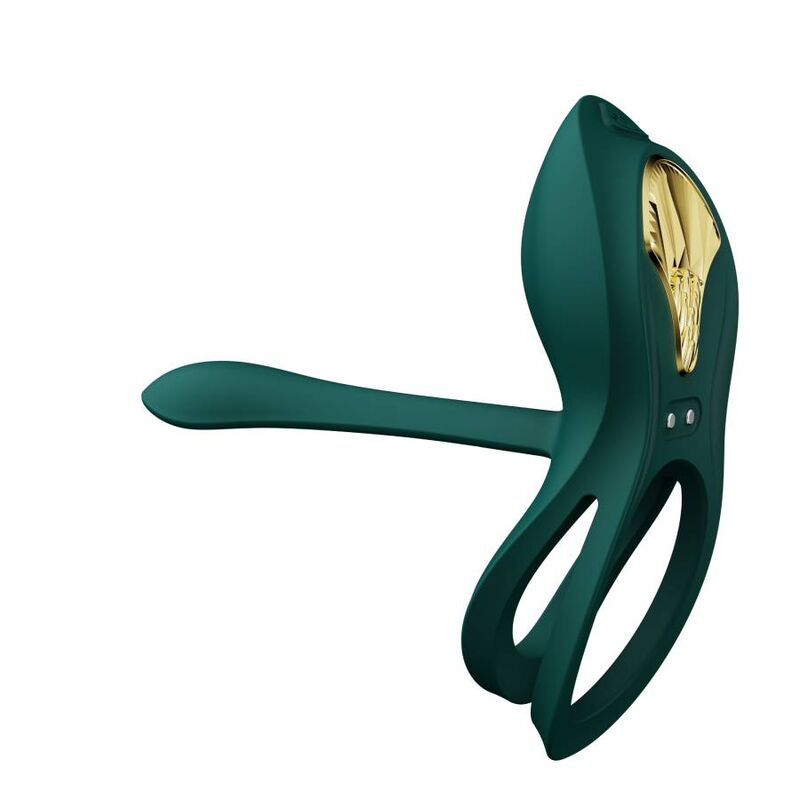 Le Bayek vert de trois quarts, double anneau et bras extensible relevé, écusson doré, finition silicone laquée verte, anneau de couple fluide sans relief.
