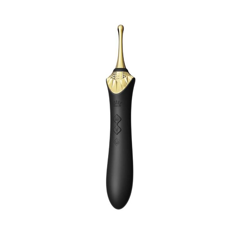 Stimulateur clitoridien Bess 2 noir à manche fuselé, embout doré en pointe effilée façon éventail, silicone mat, design précis pour stimulation ciblée.