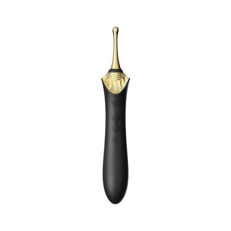 Bess 2 noir incliné, embout doré effilé et poignée galbée gravée du logo, silicone soyeux, instrument de stimulation clitoridienne fin et discret. Marque Zalo, gamme Bess 2 noire.