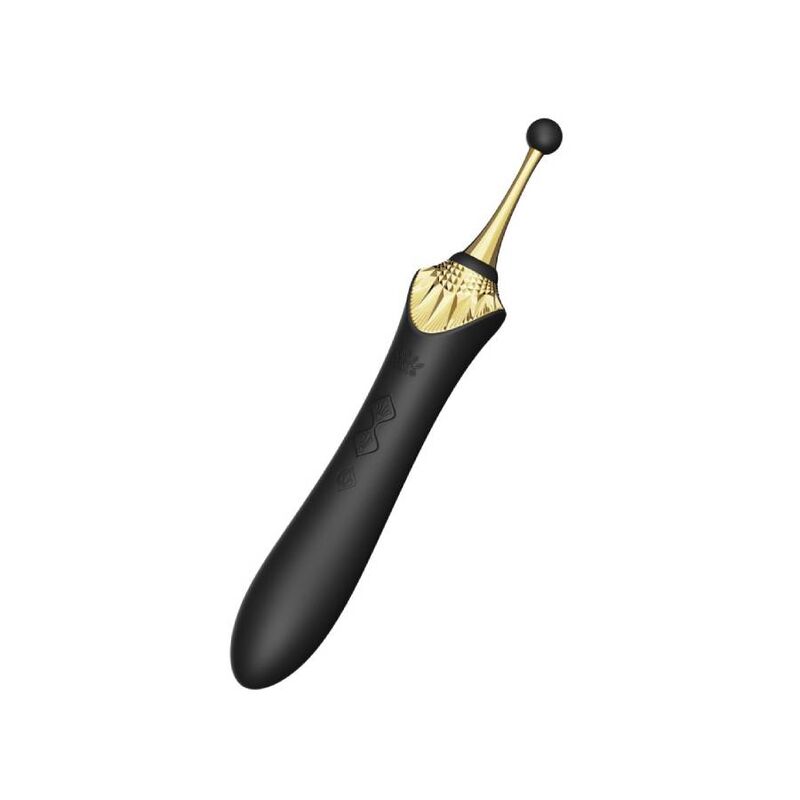 Bess 2 noir surmonté d'une petite bille dorée sur tige fine, poignée en éventail doré, baguette de stimulation ponctuelle, silicone et ABS, design bijou.