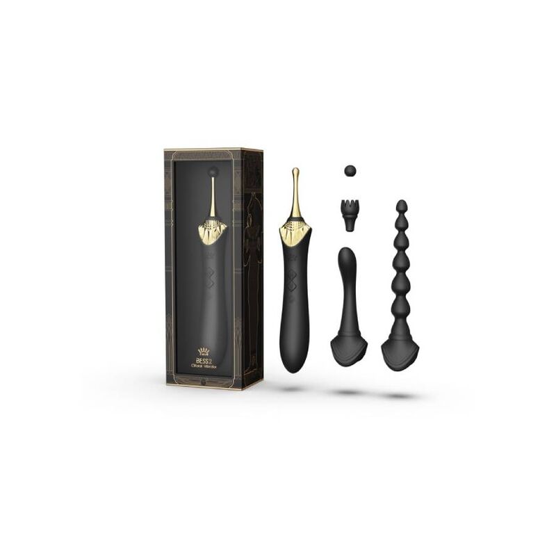 Emballage Bess 2 ouvert présentant la boîte aux motifs dorés et les trois embouts interchangeables alignés à côté, accessoires lisses non anatomiques.