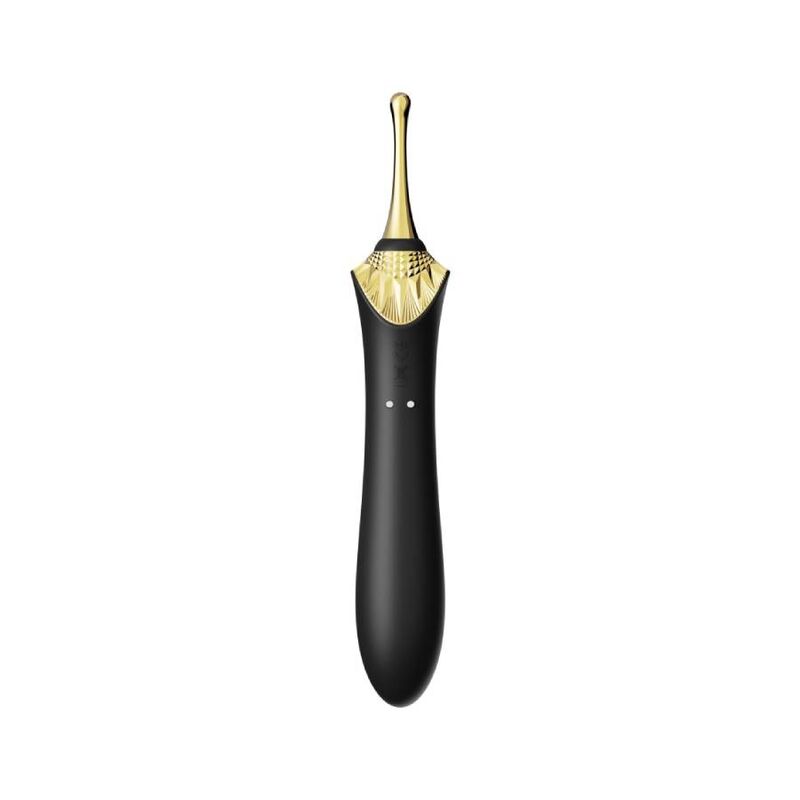 Le Bess 2 noir bien droit de face, tête dorée pointue et corps fuselé, témoins de mode visibles, baguette vibrante de précision en silicone élégante. Marque Zalo, gamme Bess 2 noire.