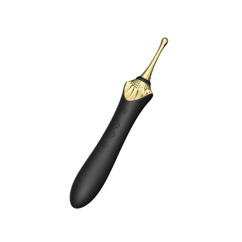 Bess 2 noir vu de trois quarts, pointe dorée effilée et poignée galbée, silicone mat soyeux, stimulateur clitoridien fin à embouts interchangeables. Marque Zalo, gamme Bess 2 noire.