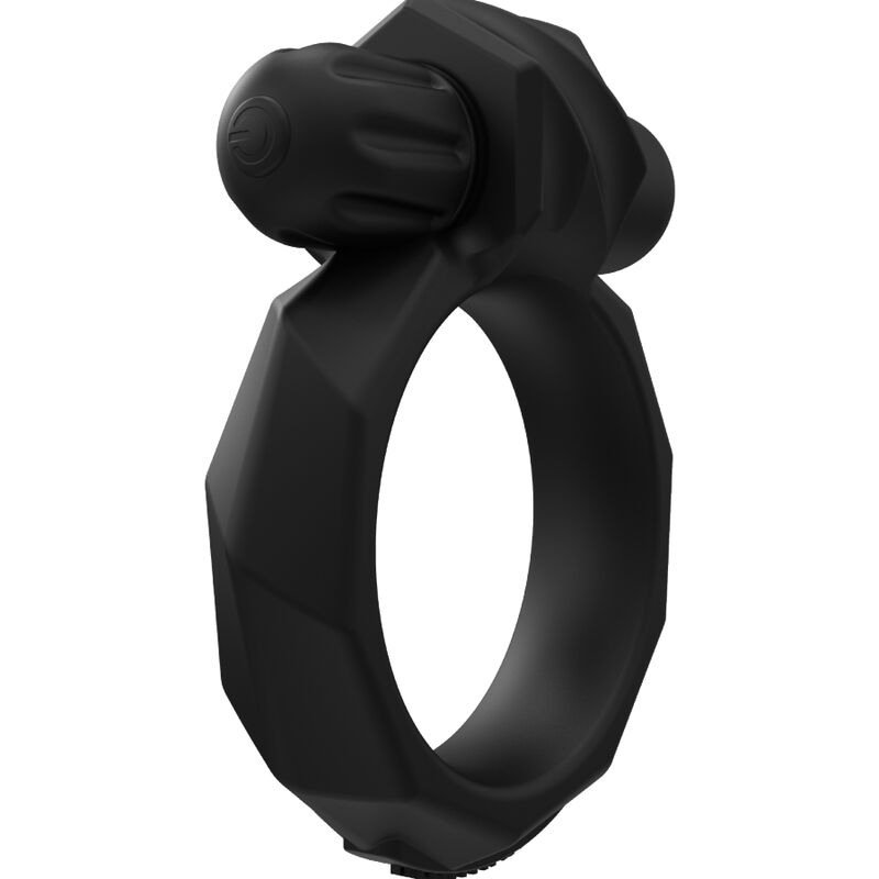 Anneau pénien vibrant Maximus Bathmate en silicone noir lisse vu de profil, boucle ronde épaisse coiffée d'une balle vibrante, soutien ferme et stimulation.