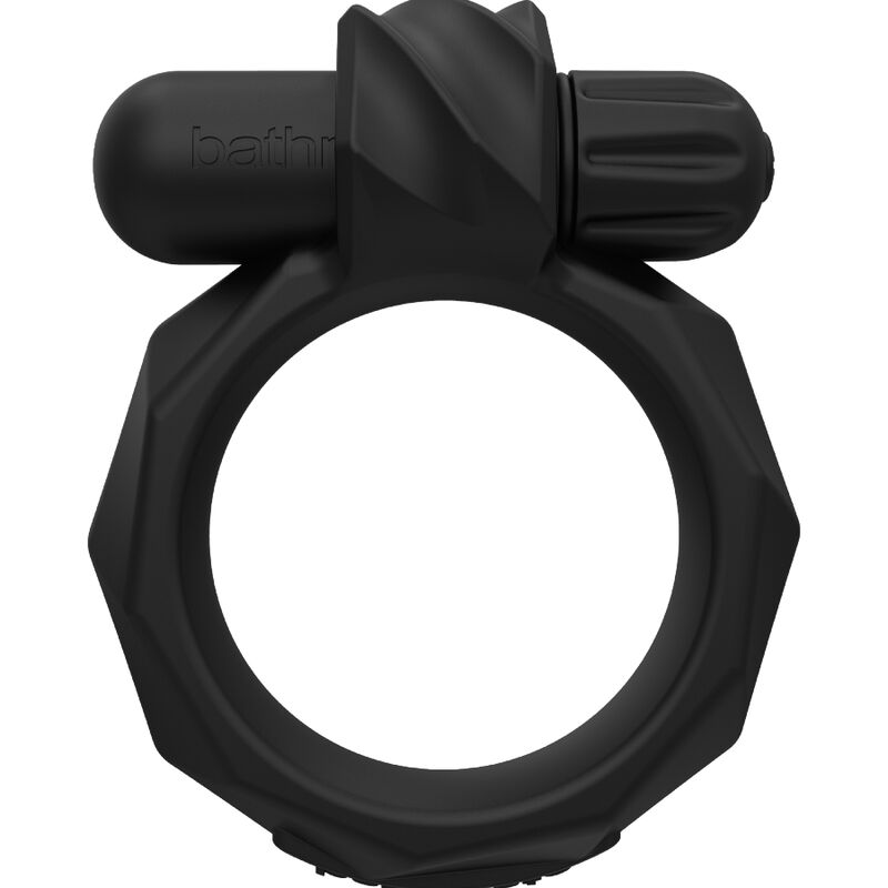 Anneau pénien vibrant Maximus 55 Bathmate en silicone noir vu de trois quarts, boucle facettée et balle vibrante sur le dessus, pour des sensations en couple.