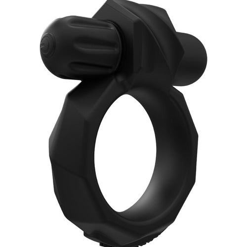 Anneau pénien vibrant Maximus Bathmate en silicone noir vu de face, boucle striée et balle vibrante intégrée, conçu pour amplifier la stimulation partagée.