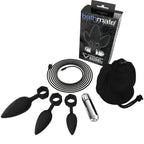 Kit d'entrainement anal Bathmate de trois plugs en silicone noir du plus fin au plus large, avec balle vibrante rechargeable, cable et pochette, pointes effilees
