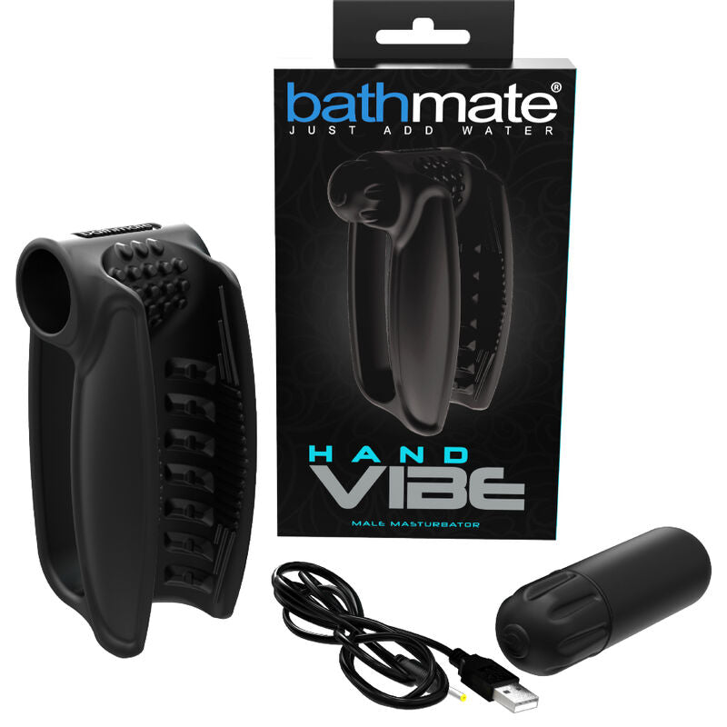 Coffret Bathmate Hand Vibe avec masturbateur a ailes en silicone noir tenu dans la paume, balle vibrante et cable USB, gaine texturee 10 modes pour la verge