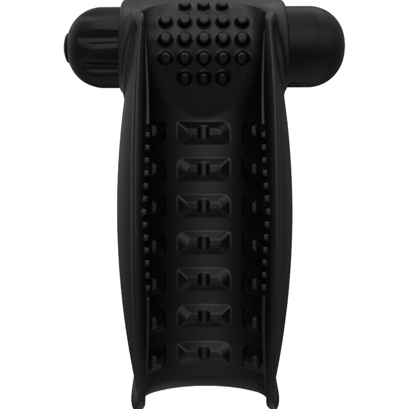 Masturbateur vibrant Bathmate Hand Vibe en silicone noir a ailes texturees de picots vue de face, balle vibrante en tete, gaine paume 10 modes qui enveloppe la verge