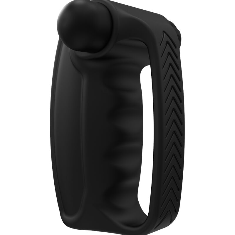 Masturbateur vibrant Bathmate Hand Vibe en silicone noir avec poignee a chevrons vue de profil, balle vibrante en tete, gaine de paume 10 modes pour la stimulation