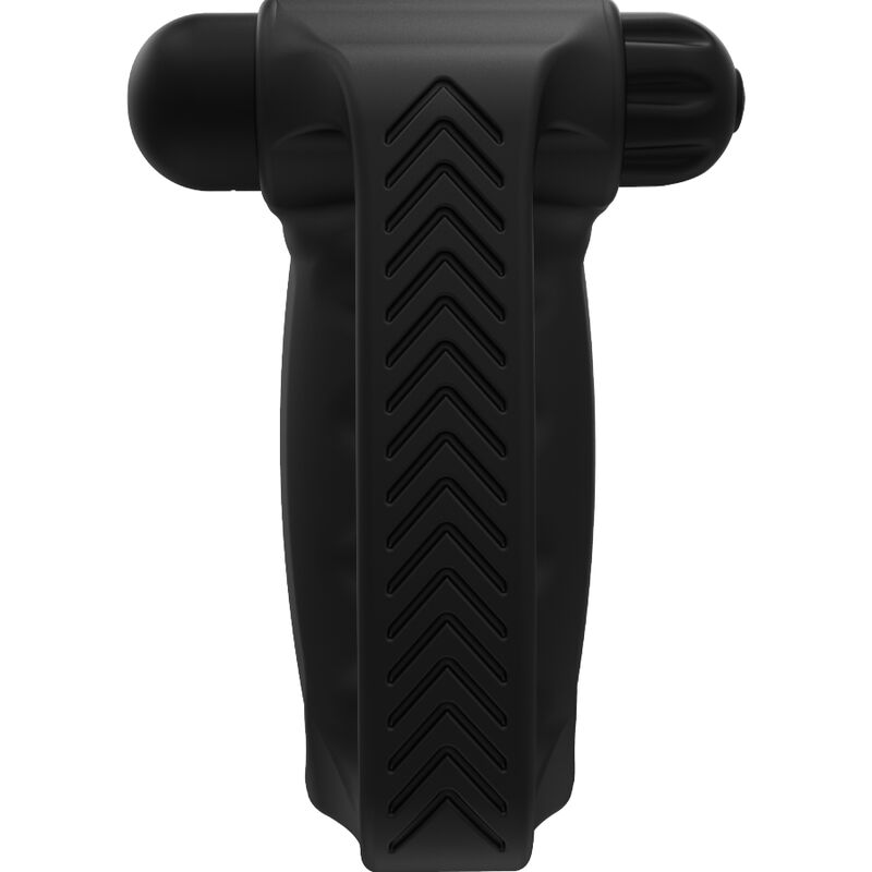 Masturbateur vibrant Bathmate Hand Vibe en silicone noir a manche strie chevrons vue de face, balle vibrante haute performance 10 modes qui tient dans la main