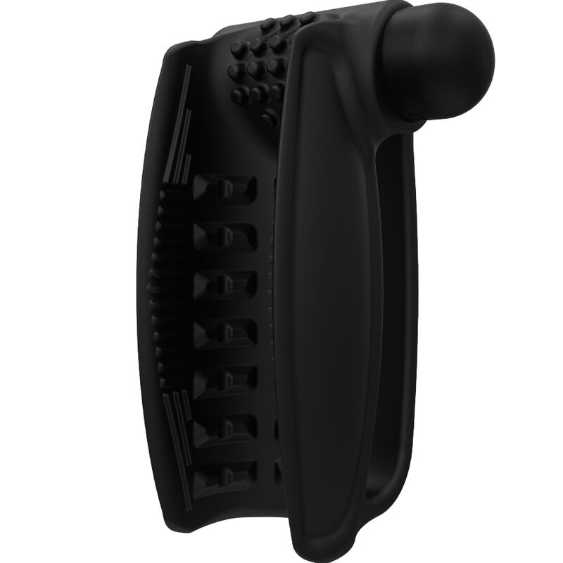 Masturbateur vibrant Bathmate Hand Vibe en silicone noir a ailes texturees vue de trois quarts, balle vibrante en tete, gaine de paume souple 10 modes pour la verge