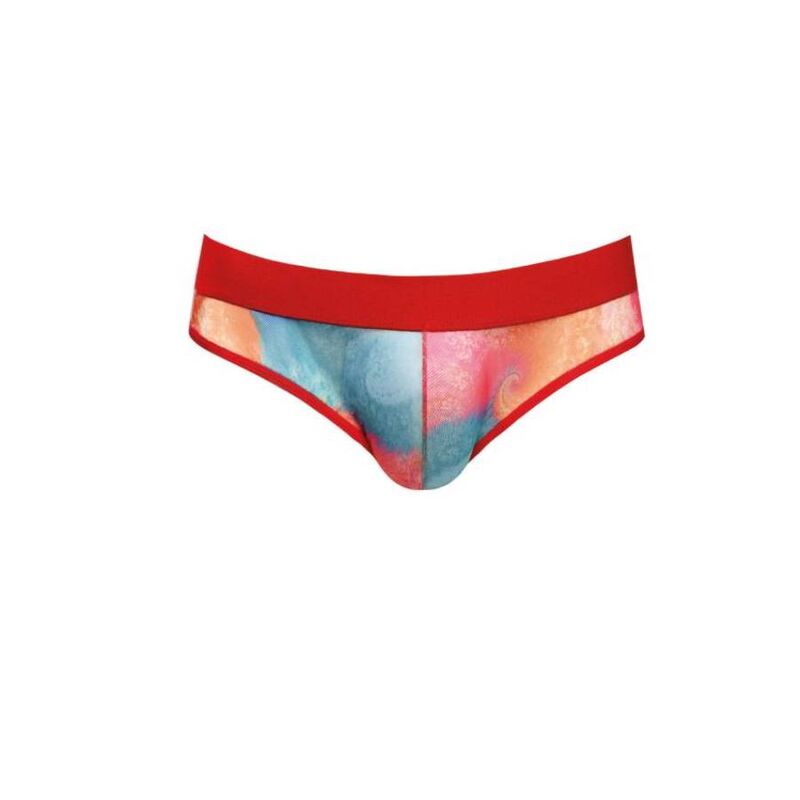 Slip homme Falcon Anais a plat de trois quarts, imprime aquarelle degrade bleu rose orange, ceinture rouge vif, lycra doux extensible coupe ajustee, presente seul sans corps visible