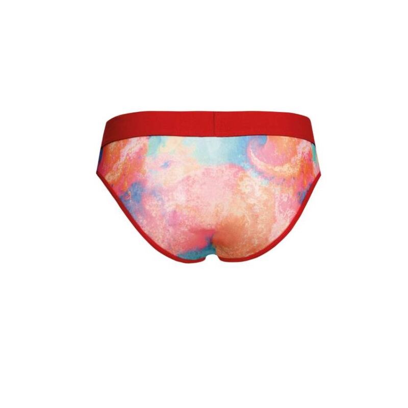 Slip homme Falcon Anais vu a plat de dos, imprime aquarelle degrade pastel chaud, ceinture rouge vif contrastante, lycra extensible epousant les fesses, presente seul sans modele